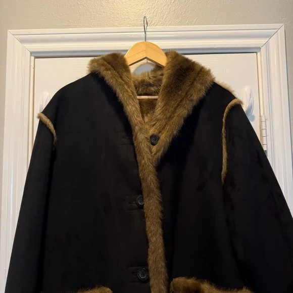 Dennis Basso Reversible Coat Black Brown Faux Suede Faux Fur Hooded Sz Large - Picture 4 of 9